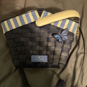 kate spade Navy Woven Crossbody with Blue Butterfly and Yellow-Striped Strap